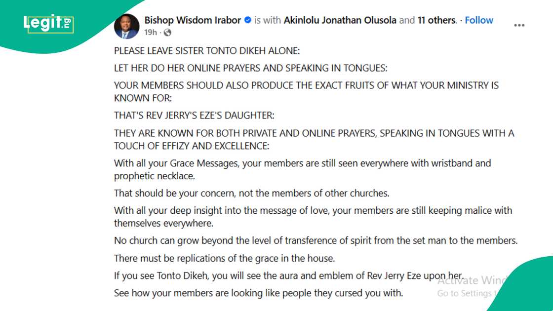 Bishop Wisdom Irabor sends message to clerics who are against Tonto Dikeh's renewed Christian faith.