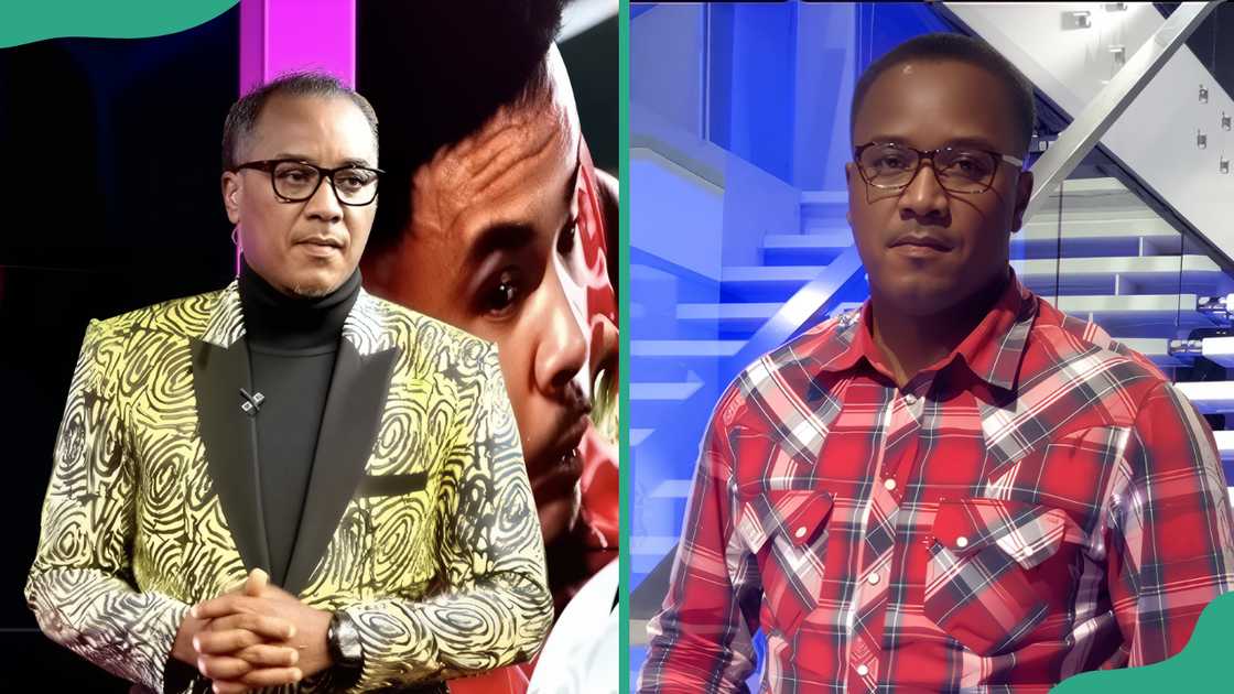 Charles Anazodo in a black and gold outfit in a studio (L). The journalist posing in a checked shirt (R)