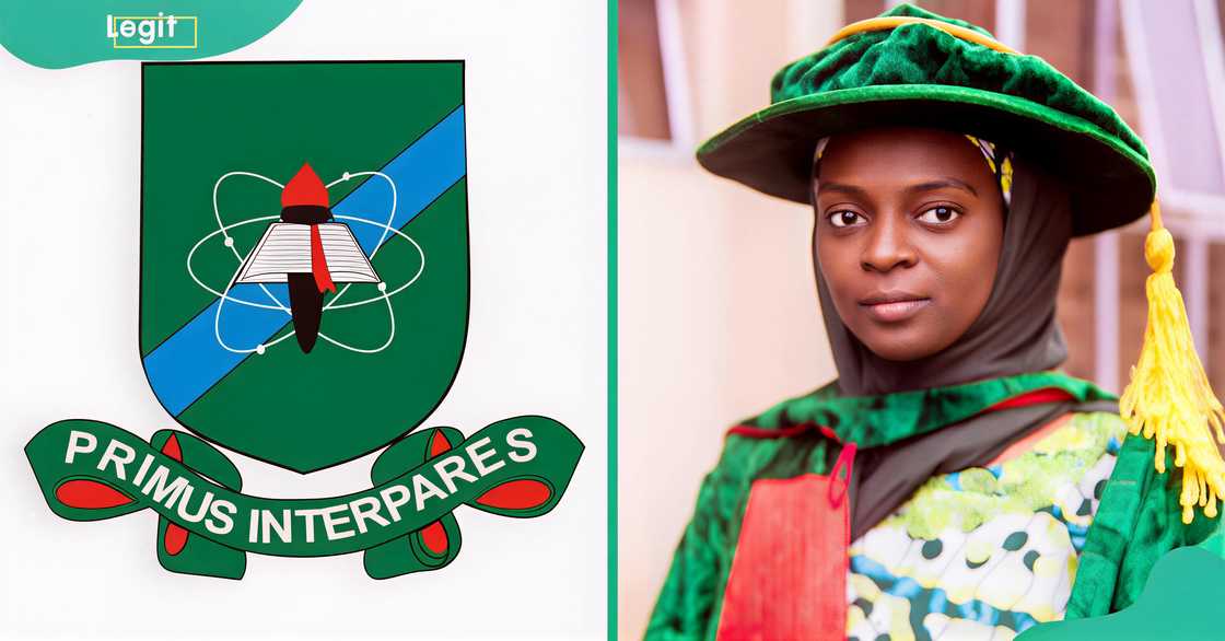 The Gombe State University logo. A Gombe State University student in graduation clothing