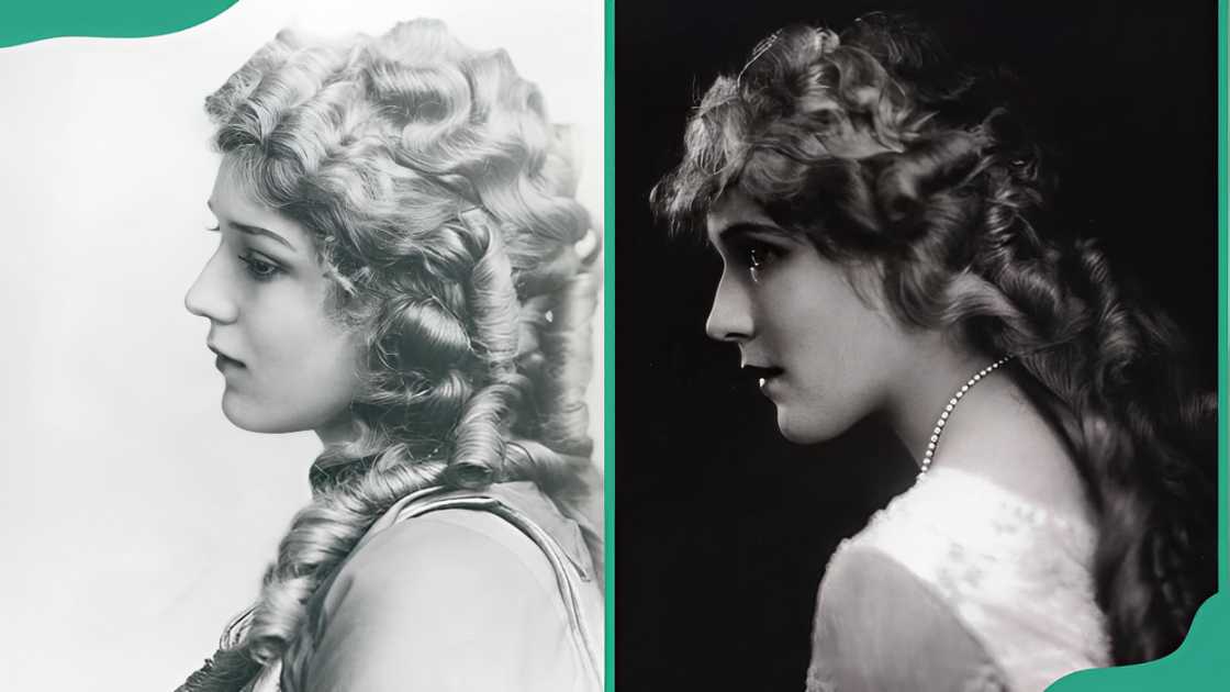 Actress Mary Pickford displaying long hair with fingerwaves Actress Mary Pickford displaying long hair with fingerwaves