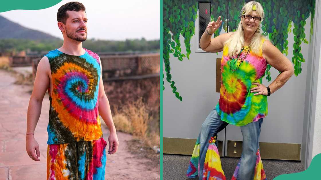A man and a woman in colourful tie-dye designs A man and a woman in colourful tie-dye designs