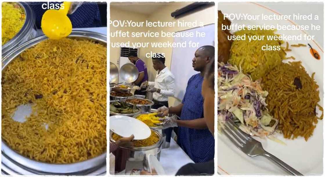 Nigerian lecturer serves students rice.