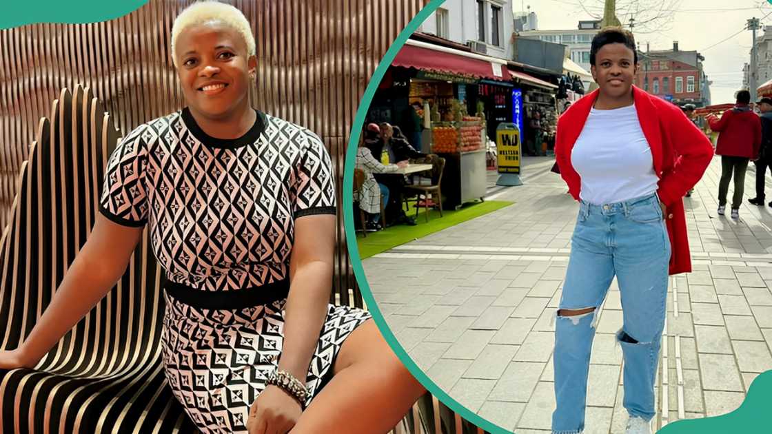 Angela Nwosu posing while sitting (L). The actress posing along the streets (R)