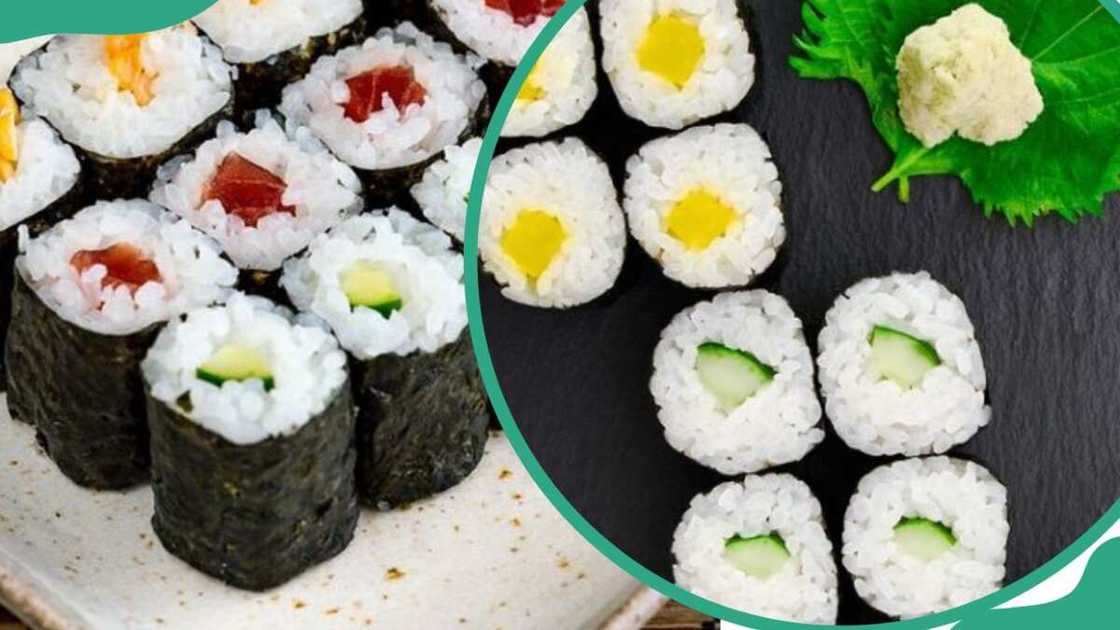 Hosomaki served on a white and brown surface (L). Hosomaki is placed on a black surface with potato puree on green leaves (R)