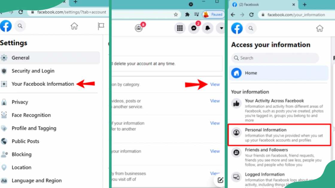 Screenshots of checking the Facebook account creation date on desktop Screenshots of checking the Facebook account creation date on desktop