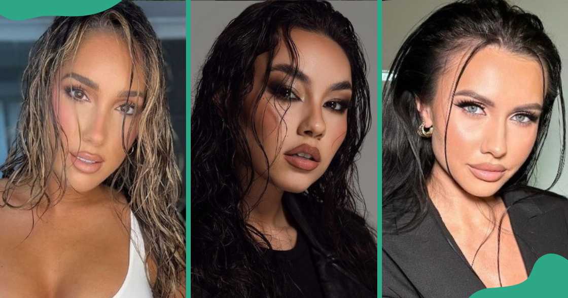 Wet-look curls with sleek and defined edges. Wet-look curls with sleek and defined edges.