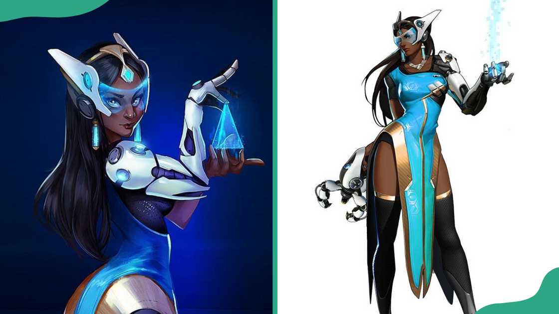 Symmetra standing against a dark blue background (L). 
Symmetra standing against a plain white background (R).