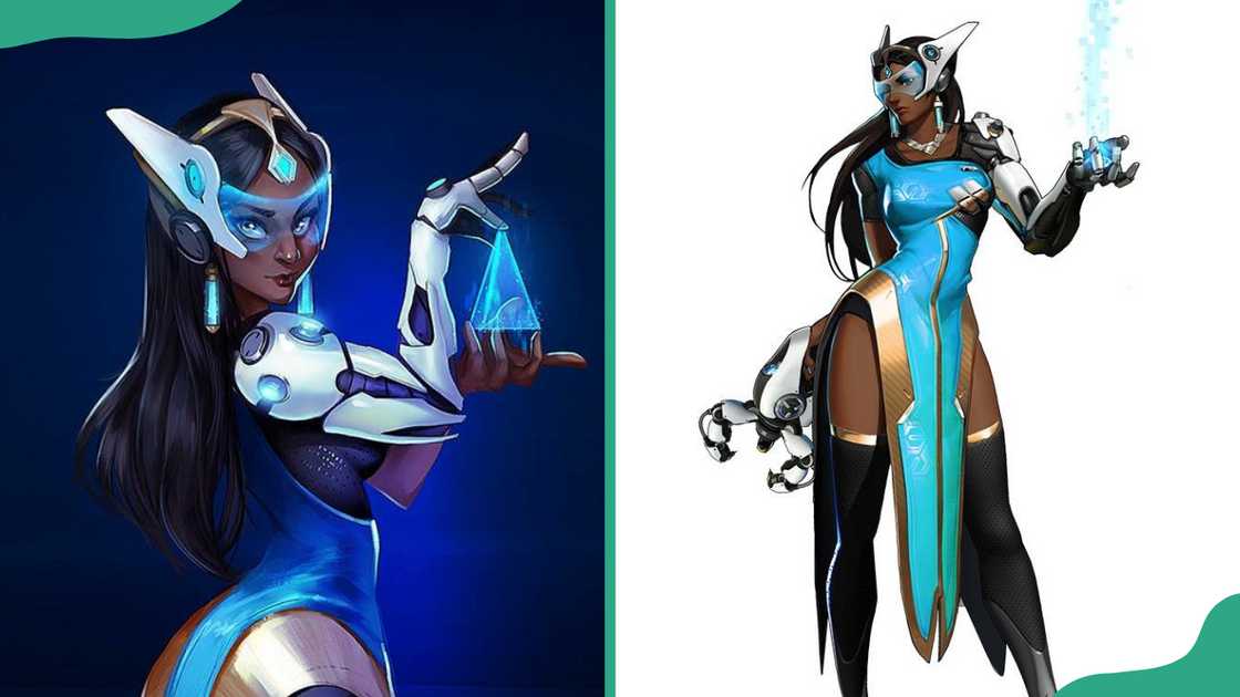 Symmetra standing against a dark blue background (L).
Symmetra standing against a plain white background (R). Symmetra standing against a dark blue background (L).
Symmetra standing against a plain white background (R).