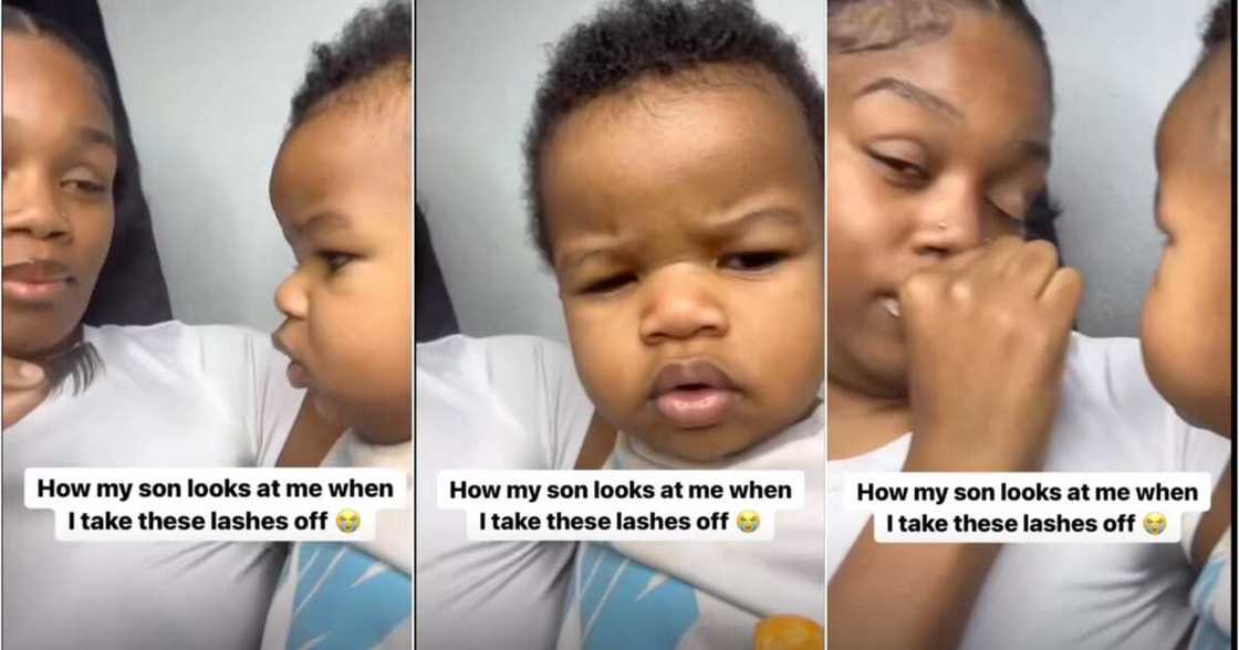 Little boy watches mum take off artificial lashes