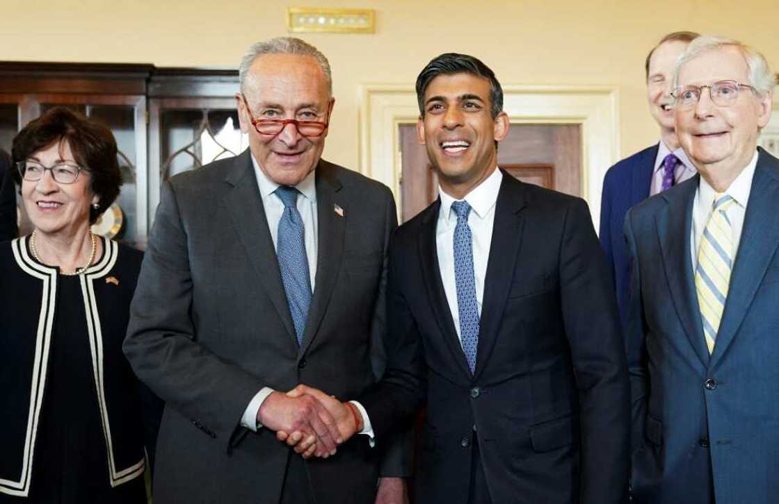 British Prime Minister Rishi Sunak meets with (L-R) Republican Senator Susan Collins, Democratic Senate Majority Leader Chuck Schumer and Republican Senate Minority Leader Mitch McConnell British Prime Minister Rishi Sunak meets with (L-R) Republican Senator Susan Collins, Democratic Senate Majority Leader Chuck Schumer and Republican Senate Minority Leader Mitch McConnell