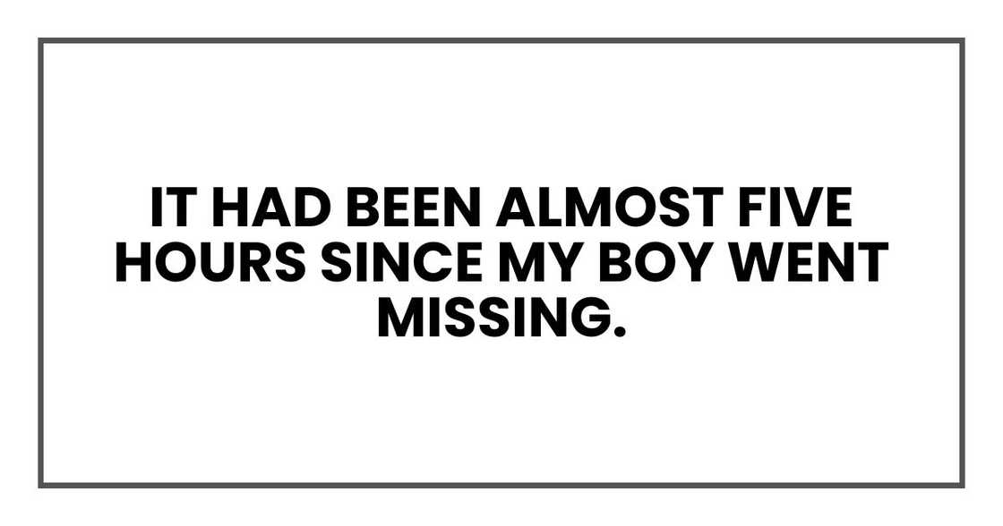 It had been almost five hours since my boy went missing. It had been almost five hours since my boy went missing.