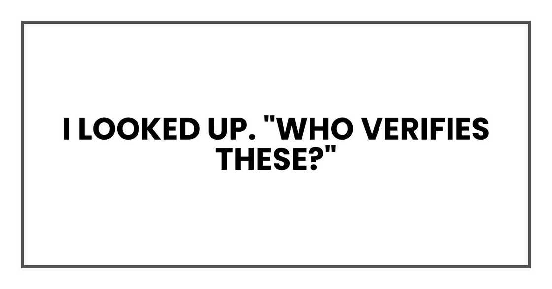 I looked up. "Who verifies these?" I looked up. "Who verifies these?"