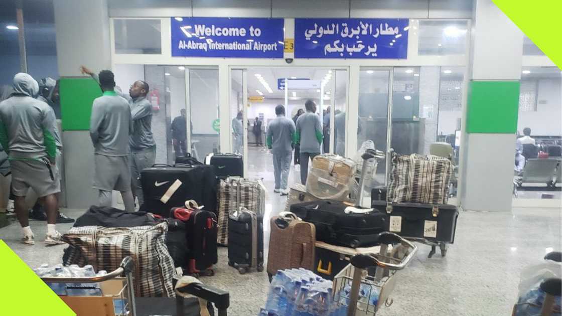 Super Eagles players and staff stranded at Al Abraq International Airport.