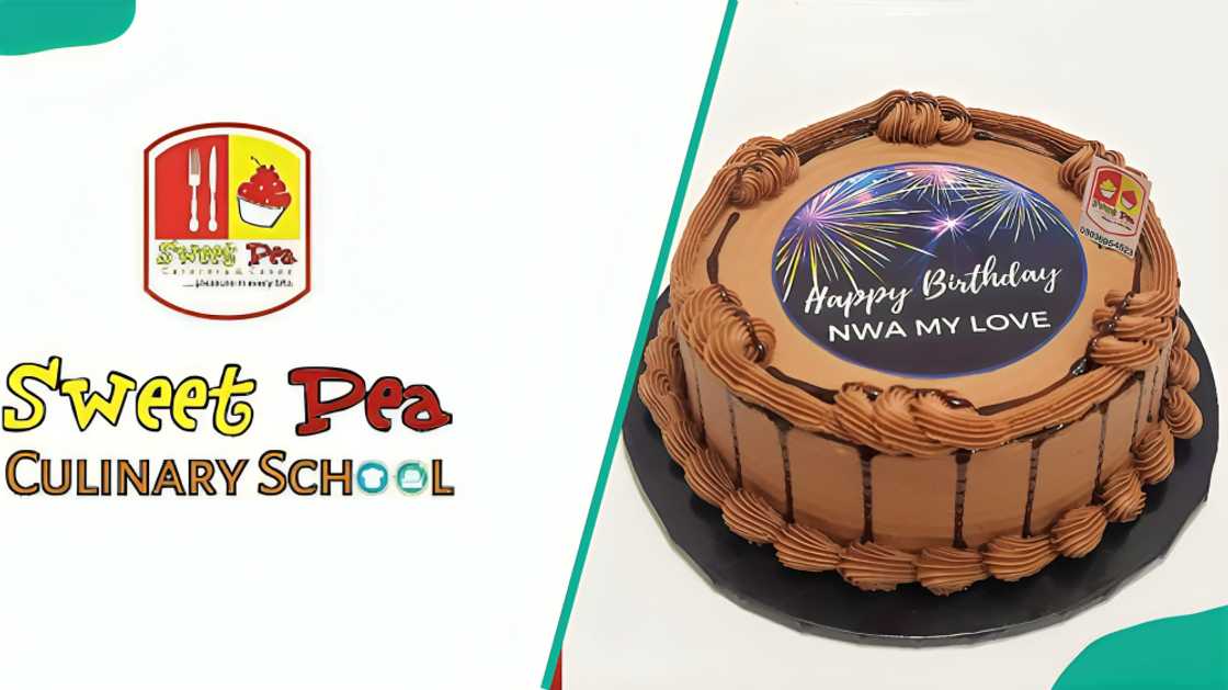 Sweet Pea Culinary School logo and a cake Sweet Pea Culinary School logo and a cake