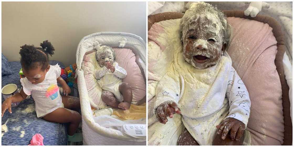 No Be that 30k Milk Be that? Nigerians React as Little Girl Bathes Baby with Full Container of Milk