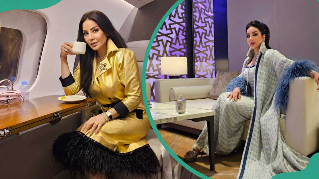 TV presenter Lojain Omran posing with a cup (L) and sitting on a couch (R) TV presenter Lojain Omran posing with a cup (L) and sitting on a couch (R)