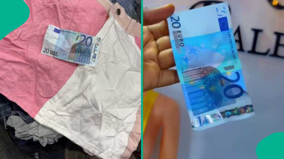 Lady rejoices after finding money in bag of clothes.