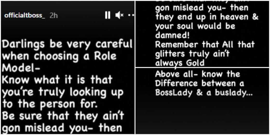 Choose your role models carefully: BBNaija's Tboss warns as she shades colleague, Ka3na Choose your role models carefully: BBNaija's Tboss warns as she shades colleague, Ka3na