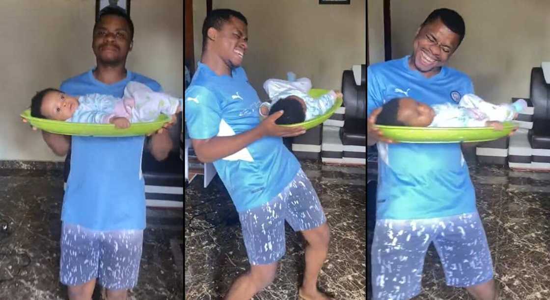 Photos of a man who put his baby inside tray. Photos of a man who put his baby inside tray.