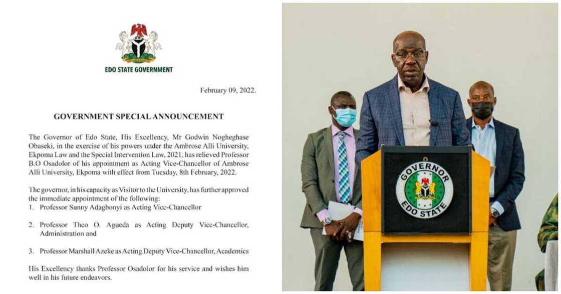 Edogovernor sacks vice-chancellor, appoints replacement Edogovernor sacks vice-chancellor, appoints replacement