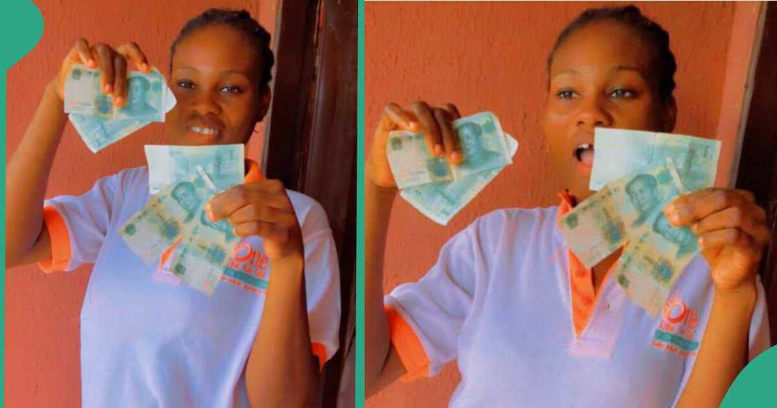 Nigerian lady celebrates online, shows foreign currencies she saw in new sweater she purchased