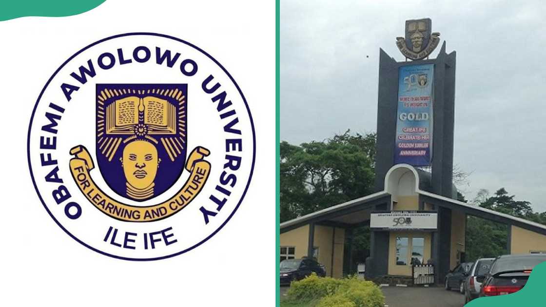 Obafemi Awolowo University (OAU) logo and entrance gate