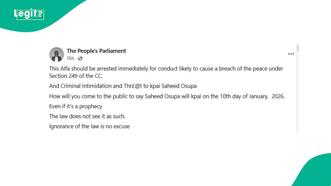 Osupa's fans lash out at Islamic cleric over prophecy about singer. Osupa's fans lash out at Islamic cleric over prophecy about singer.