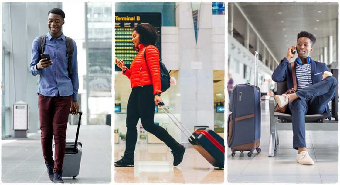 Photos of travellers at the airport.