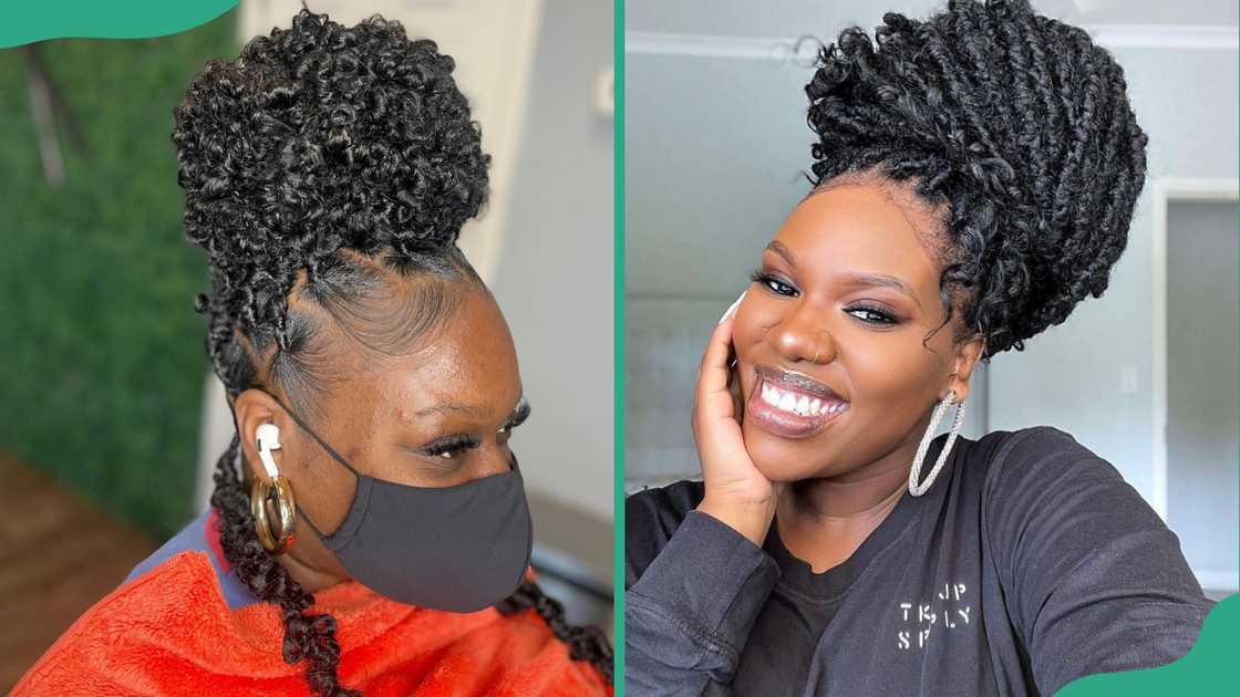 Black butterfly locs with a big bun. Black butterfly locs with a big bun.