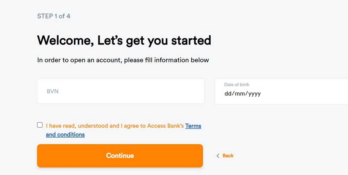 A screenshot of an account opening online form