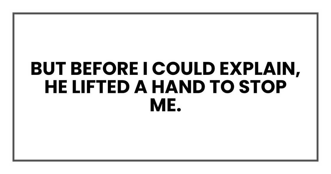 But before I could explain, he lifted a hand to stop me. But before I could explain, he lifted a hand to stop me.