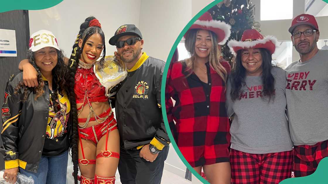 Bianca Belair and her parents in France (L). Bianca and her parents in Christmas costumes (R). Bianca Belair and her parents in France (L). Bianca and her parents in Christmas costumes (R).