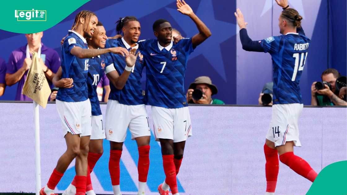 Bradley Barcola, Kylian Mbappe, Michael Olise, Ousmane Dembele and Adrien Rabiot celebrate for France during the FIFA World Cup 2026. Photo by Richard Sellers