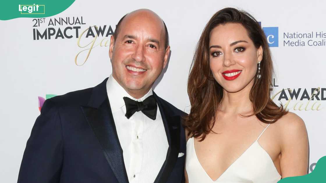 Aubrey Plaza and his father at a red carpet event Aubrey Plaza and his father at a red carpet event