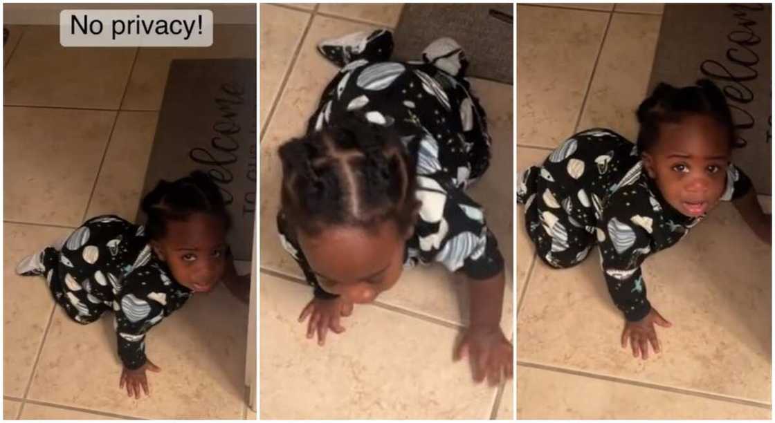 Photos of a baby girl crawling on floor as she bumps into her mother.