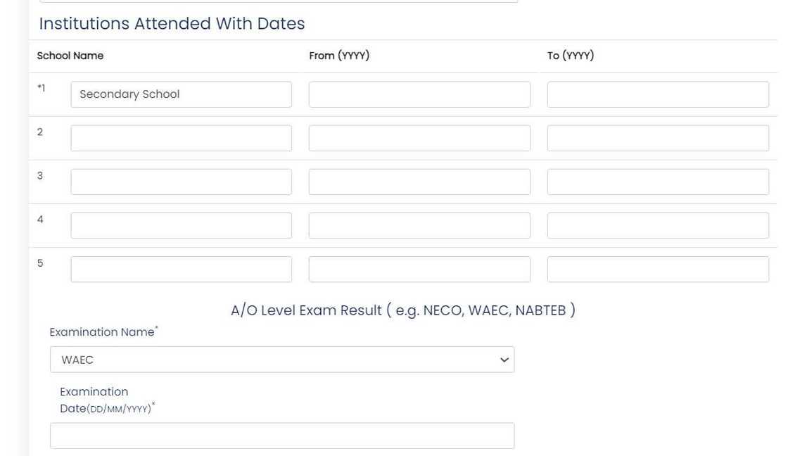 A screenshot of a section of the Madonna University application form