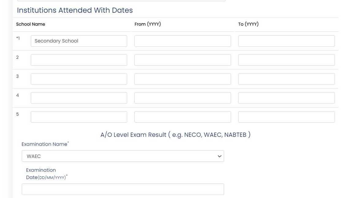 A screenshot of a section of the Madonna University application form A screenshot of a section of the Madonna University application form