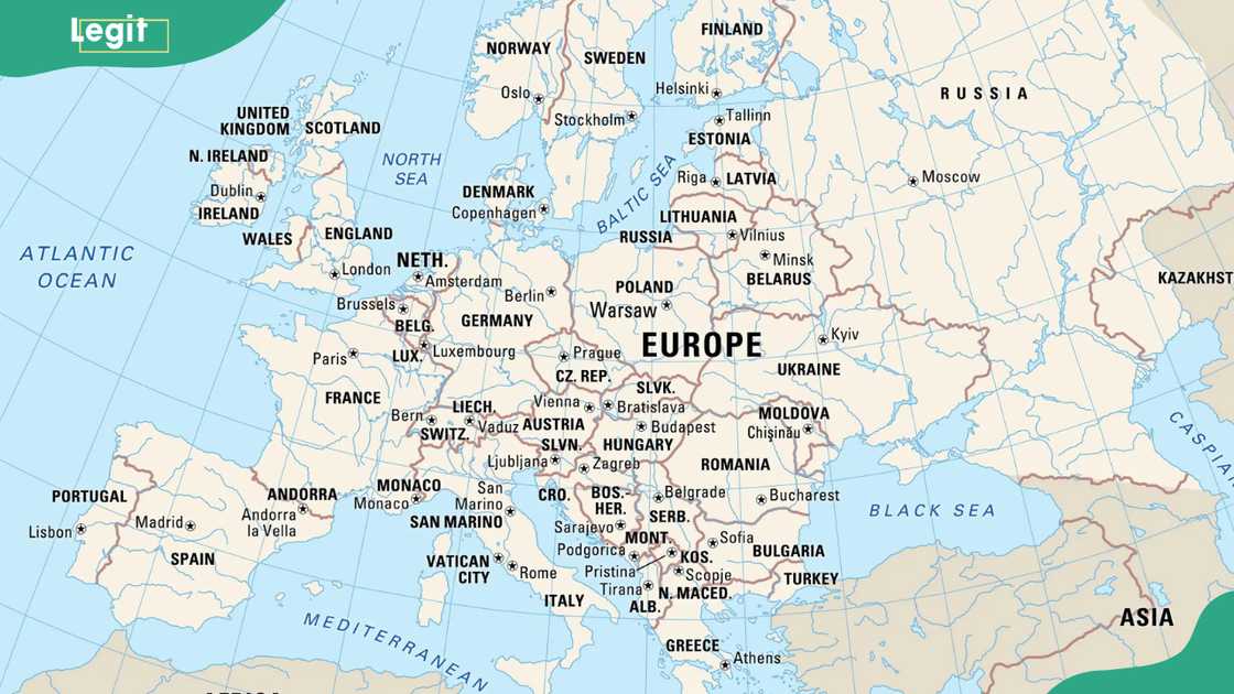 A map showing the countries of Europe