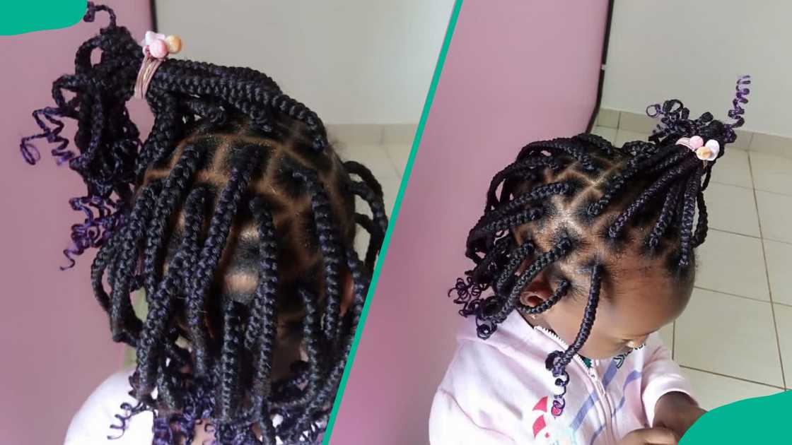 Short braids with curly purple ends Short braids with curly purple ends