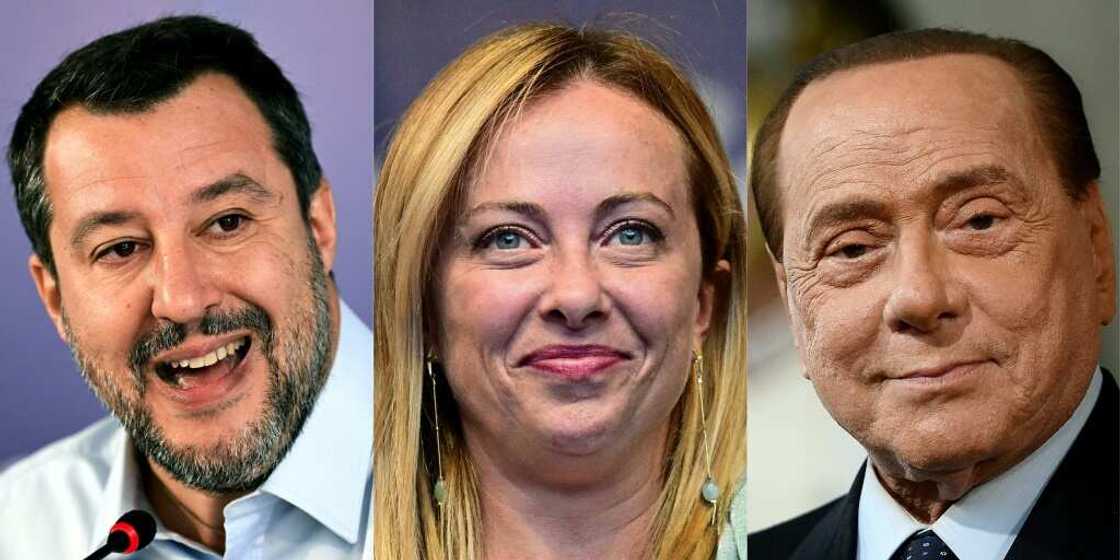 Leader of the League party, Matteo Salvini, Giorgia Meloni and former prime minister Silvio Berlusconi Leader of the League party, Matteo Salvini, Giorgia Meloni and former prime minister Silvio Berlusconi