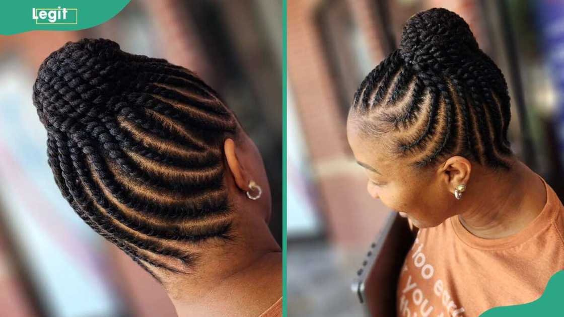 A woman displays updo flat twists