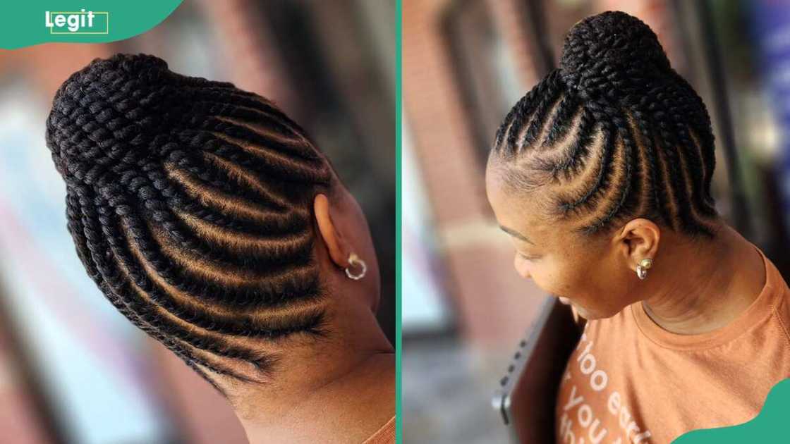 A woman displays updo flat twists A woman displays updo flat twists