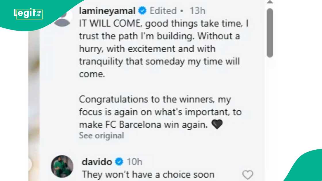 Davido supports Lamine Yamal after Ballon d'Or ceremony