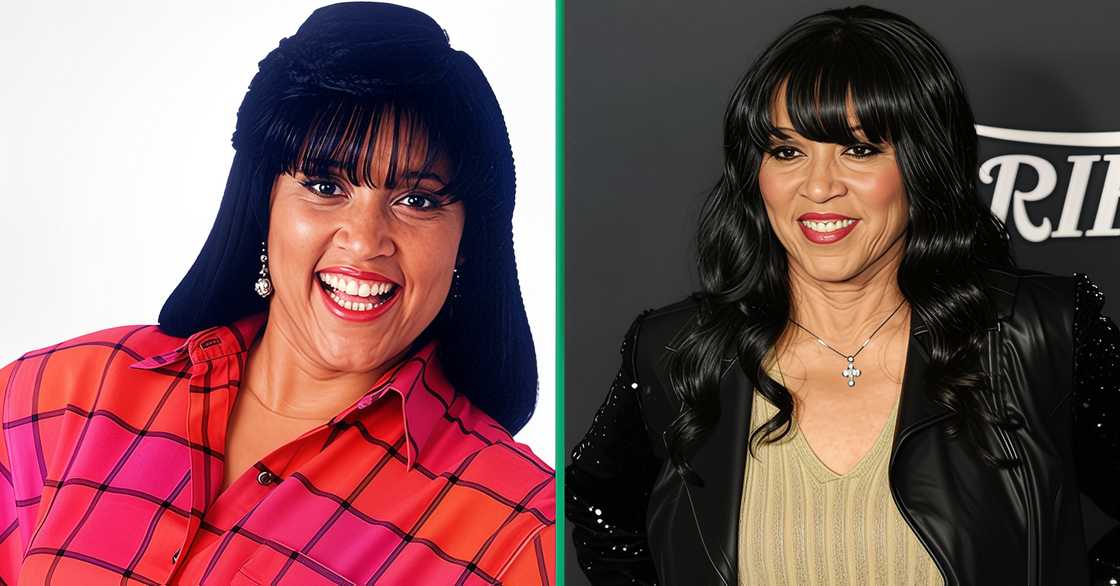 Jackée Harry poses in a red and orange shirt for the Sister, Sister promotional poster (L). The actress poses on the red carpet of the 2023 Variety Power of Women event (R). Jackée Harry poses in a red and orange shirt for the Sister, Sister promotional poster (L). The actress poses on the red carpet of the 2023 Variety Power of Women event (R).