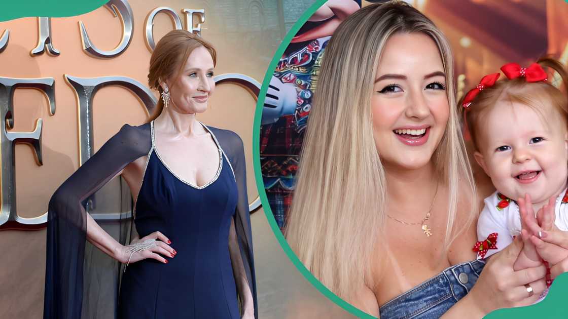 J.K. Rowling posing in a black dress and Jessica Arantes holding her child J.K. Rowling posing in a black dress and Jessica Arantes holding her child