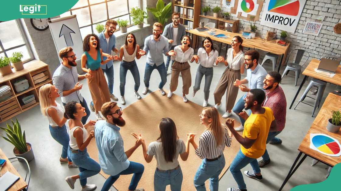 Players gathered in a circle for an improv game Players gathered in a circle for an improv game