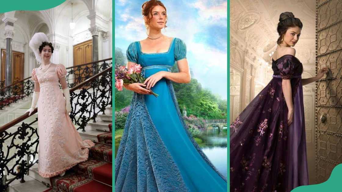 Peach gown (L), blue gown (C) and purple (R)empire ball gown Peach gown (L), blue gown (C) and purple (R)empire ball gown