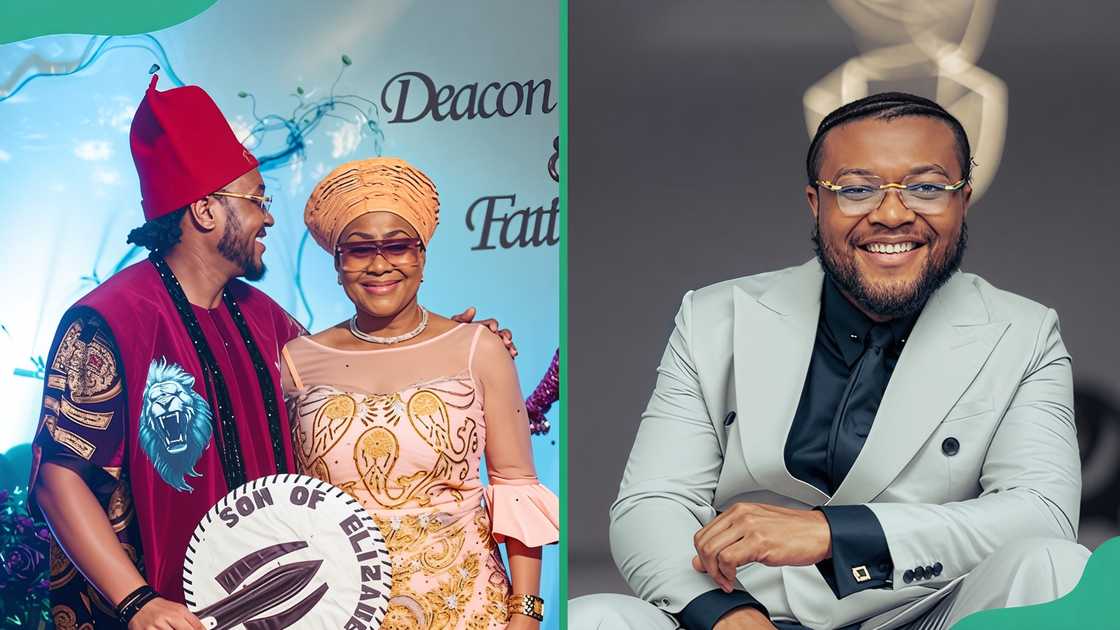 Deacon Famous posing with his adopted mother Ngozi Ezeoñu andtaking a photo in a photo studio