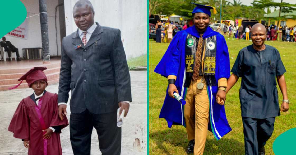 Man bags degree in mathematics from Rivers State University, recreates old photo with dad