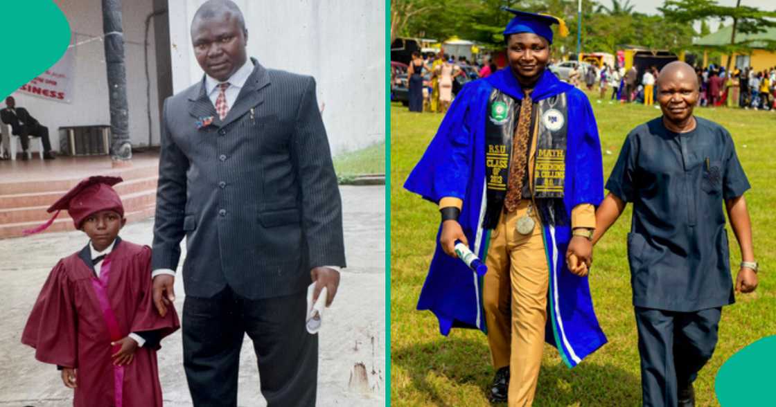 Man bags degree in mathematics from Rivers State University, recreates old photo with dad Man bags degree in mathematics from Rivers State University, recreates old photo with dad